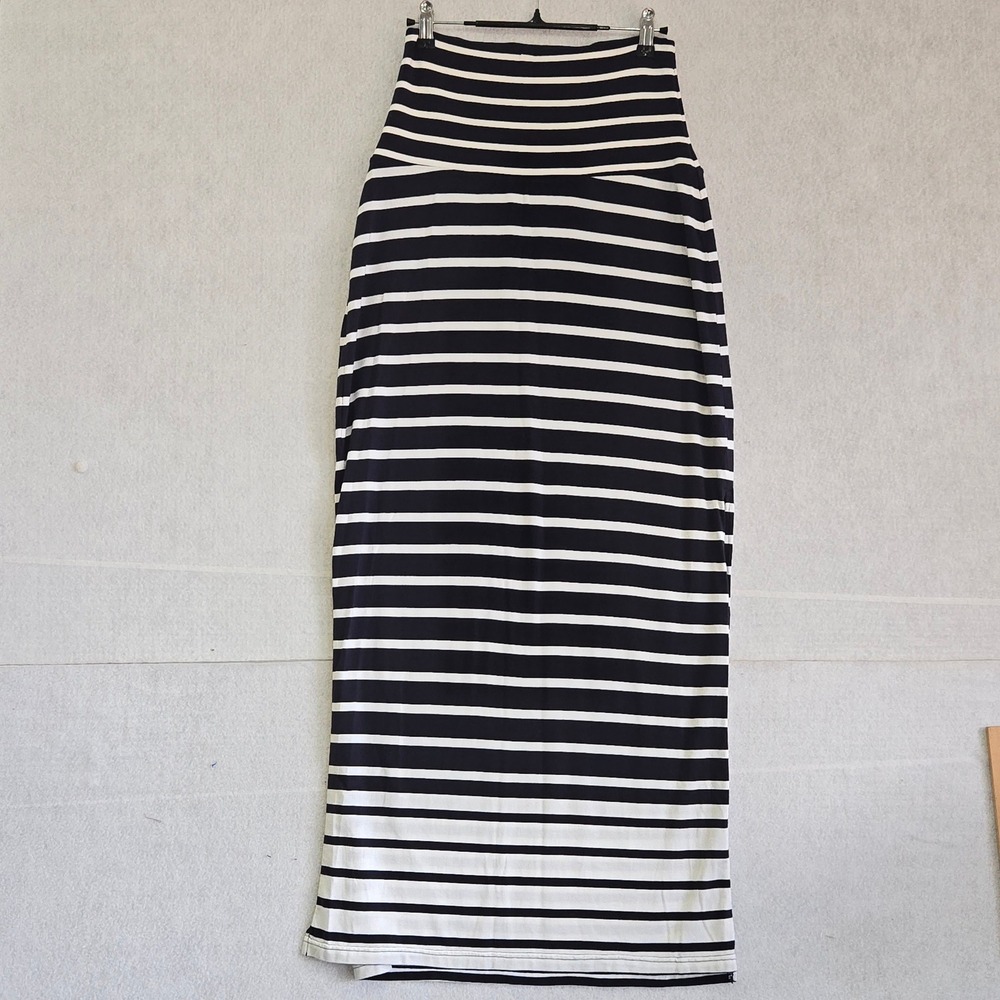 Athleta Navy Blue White Striped Maxi Skirt XS Tencel Lyocell Side Slit Stretch